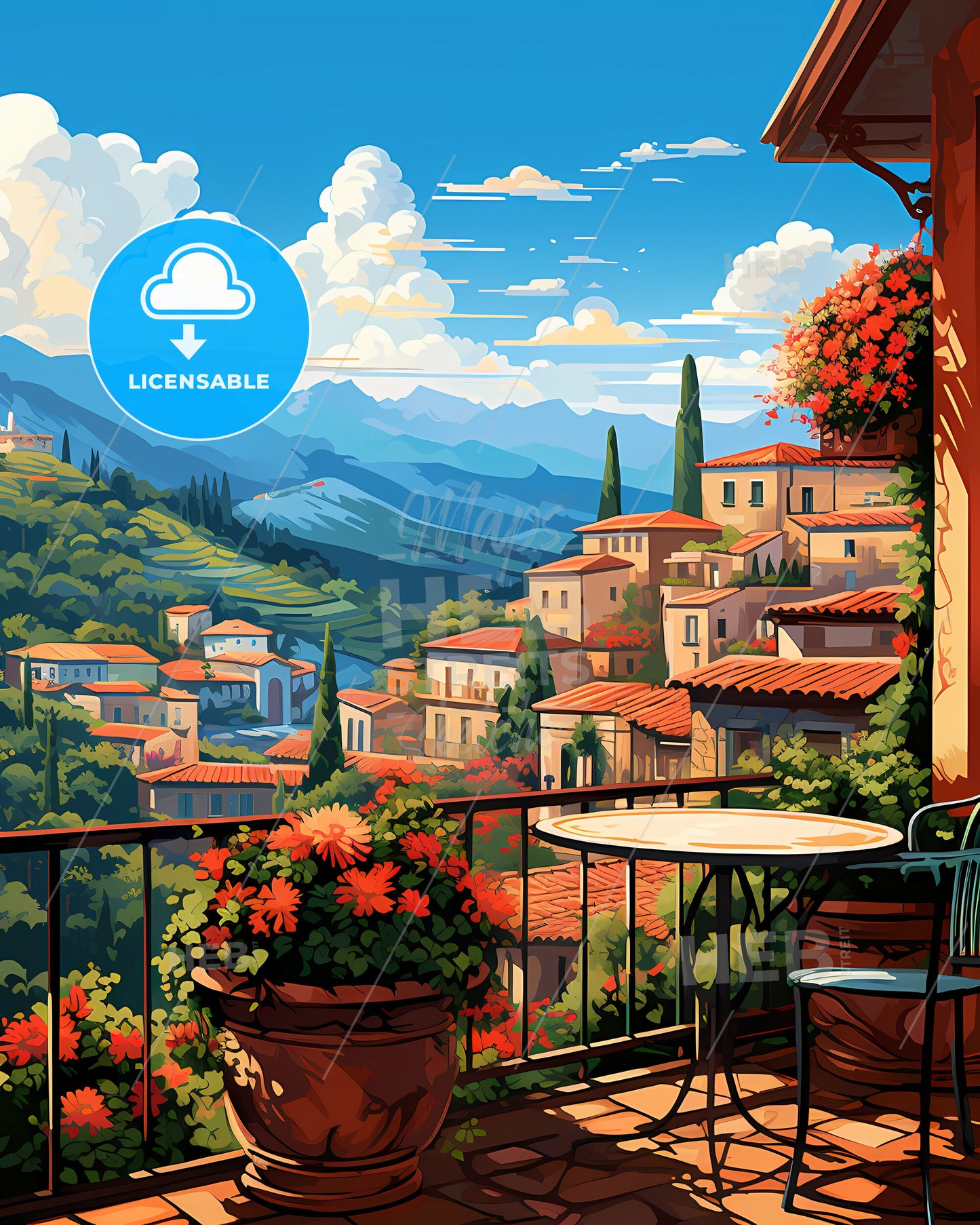 Tivoli, Italy, a balcony with a view of a town and mountains