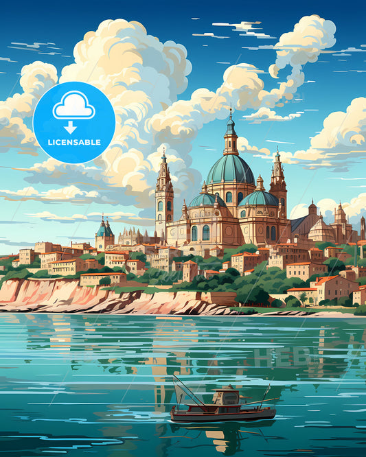 Molfetta, Italy, a painting of a city by the water