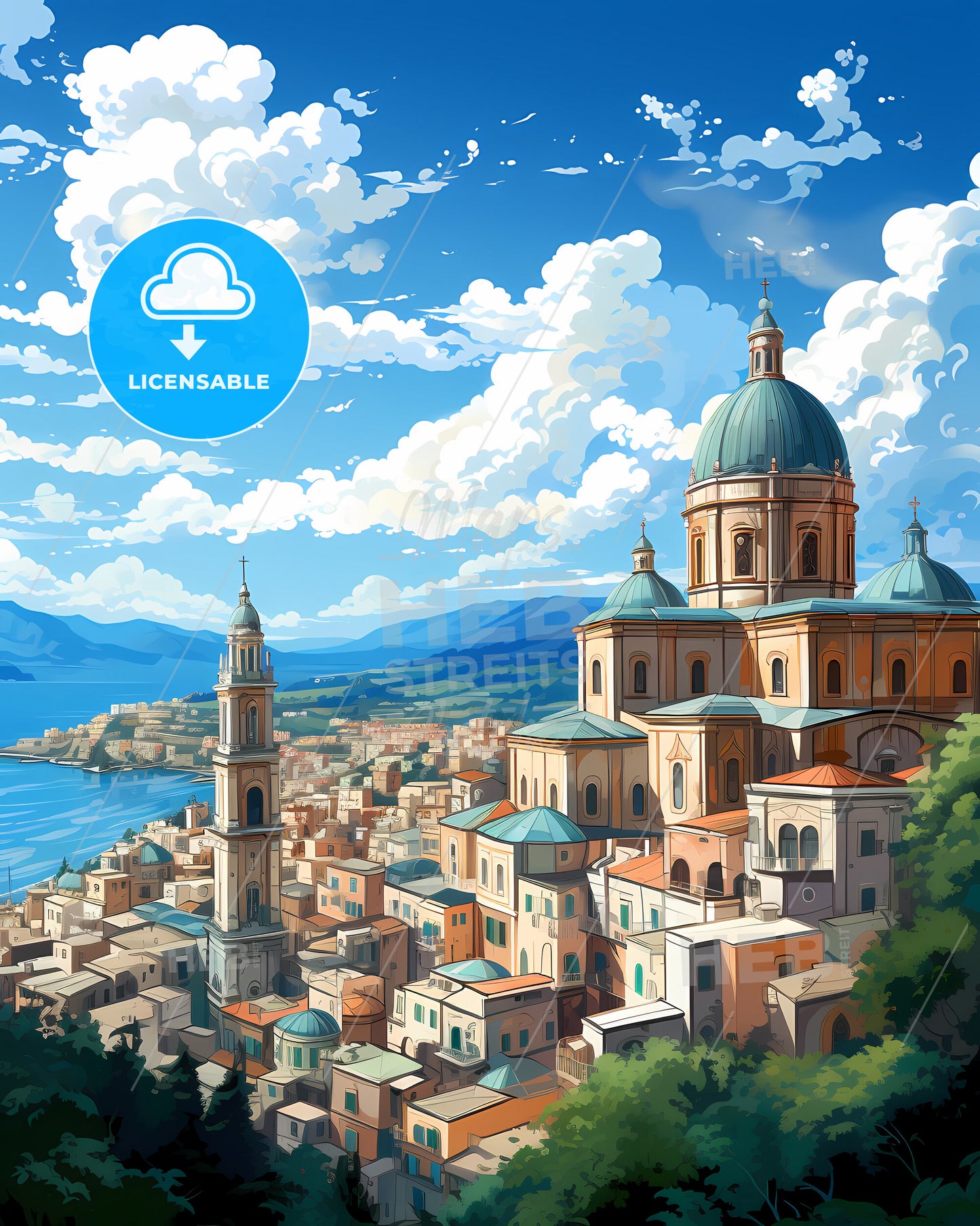 Genoa, Italy, a city with a dome and towers