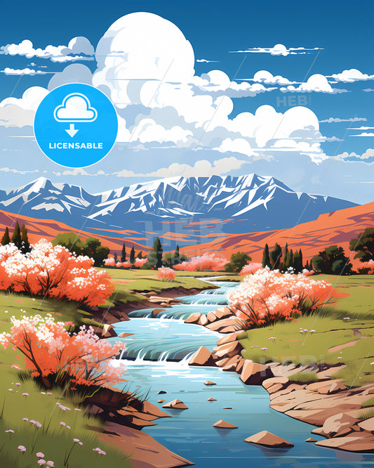 Kyzylorda, Kazakhstan, a river running through a valley with mountains in the background