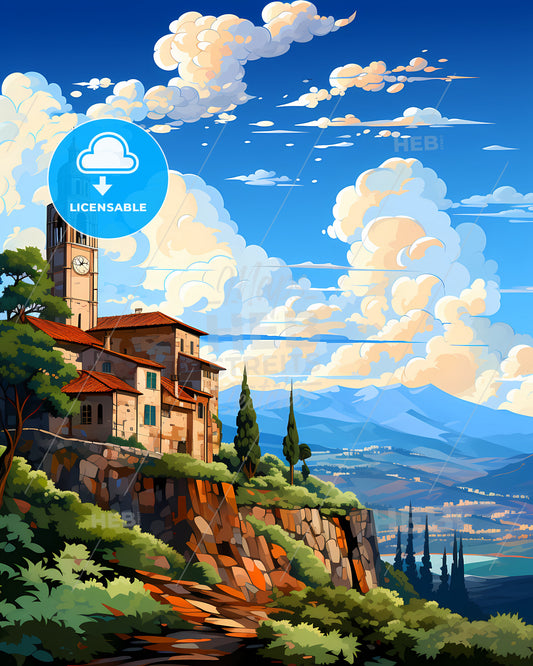 Pistoia, Italy, a building on a hill with a clock tower