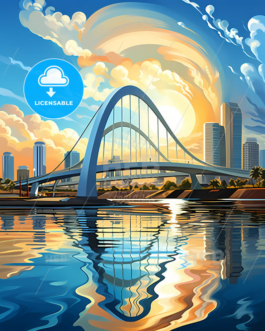 South Gate, California, a bridge over water with a city in the background