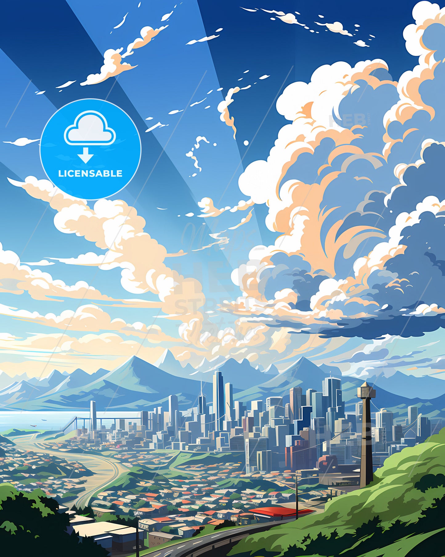 Daly City, California, a landscape of a city with mountains and clouds