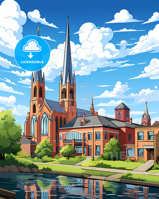 Muncie, Indiana, a building with towers and trees