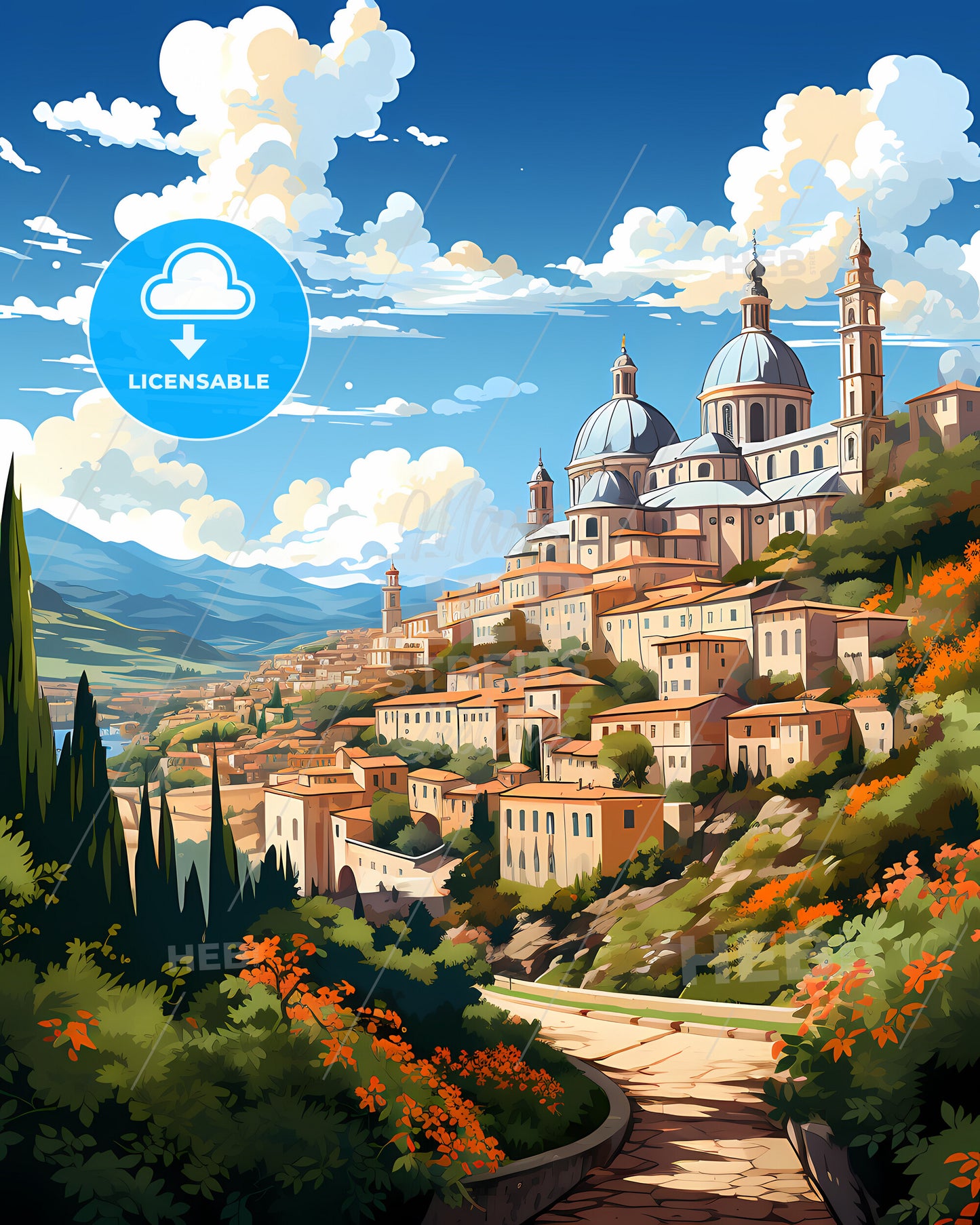 Potenza, Italy, a painting of a town on a hill