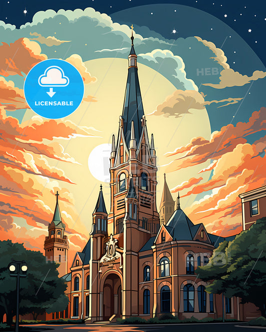 Frisco, Texas, a large building with a steeple and trees in front of it