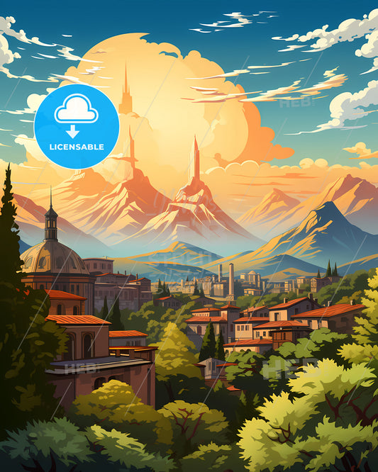 Milan, Italy, a city in a valley with mountains and trees