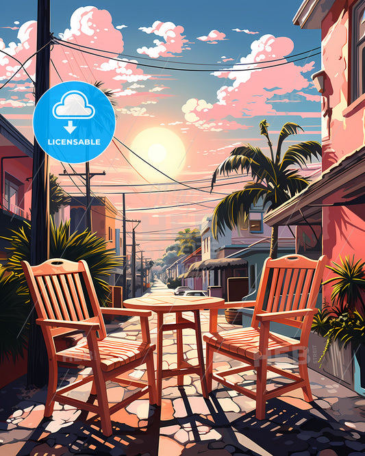 North Port, Florida, a table and chairs on a street