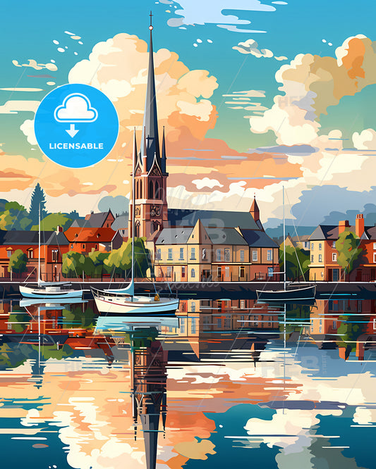 Port Laoise, County Laois, a painting of a church and boats on a body of water