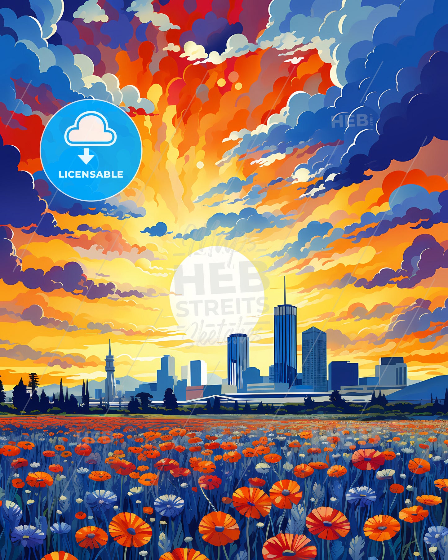 Rancho Cordova, California, a field of flowers with a city in the background