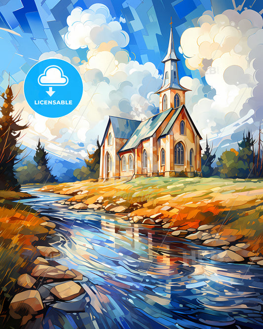 Schuchinsk, Kazakhstan, a church by a river