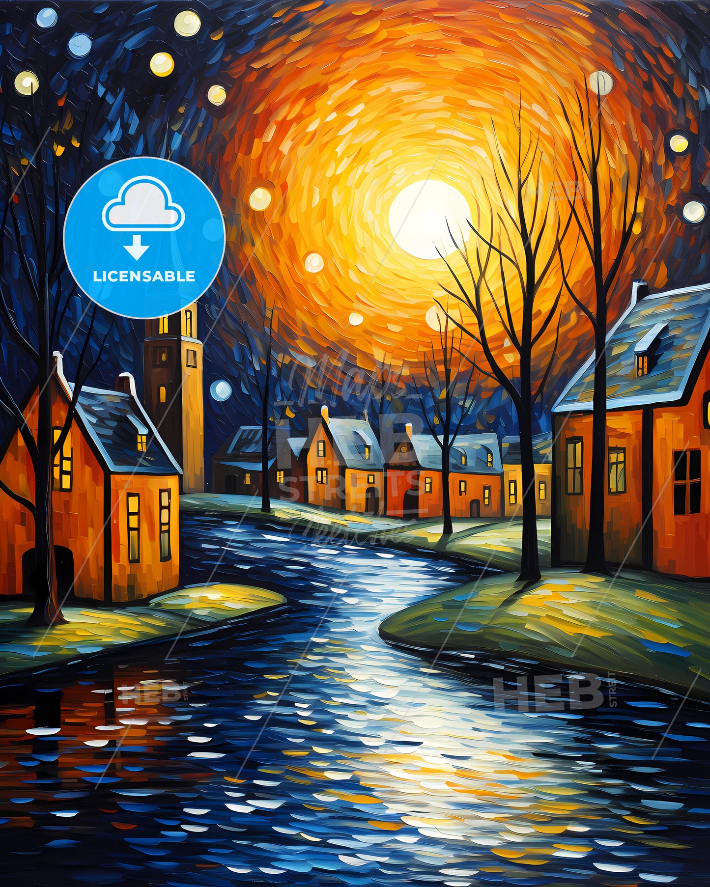 Assen, Netherlands, a painting of a town with trees and a river