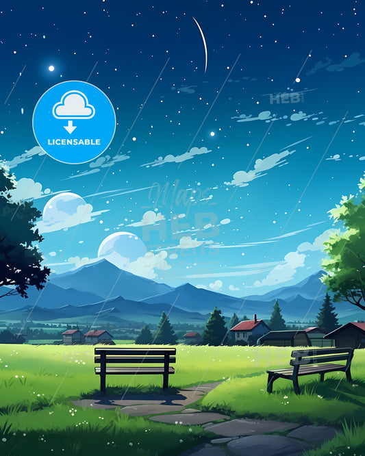 Missoula, Montana, a landscape of a green field with benches and trees and houses