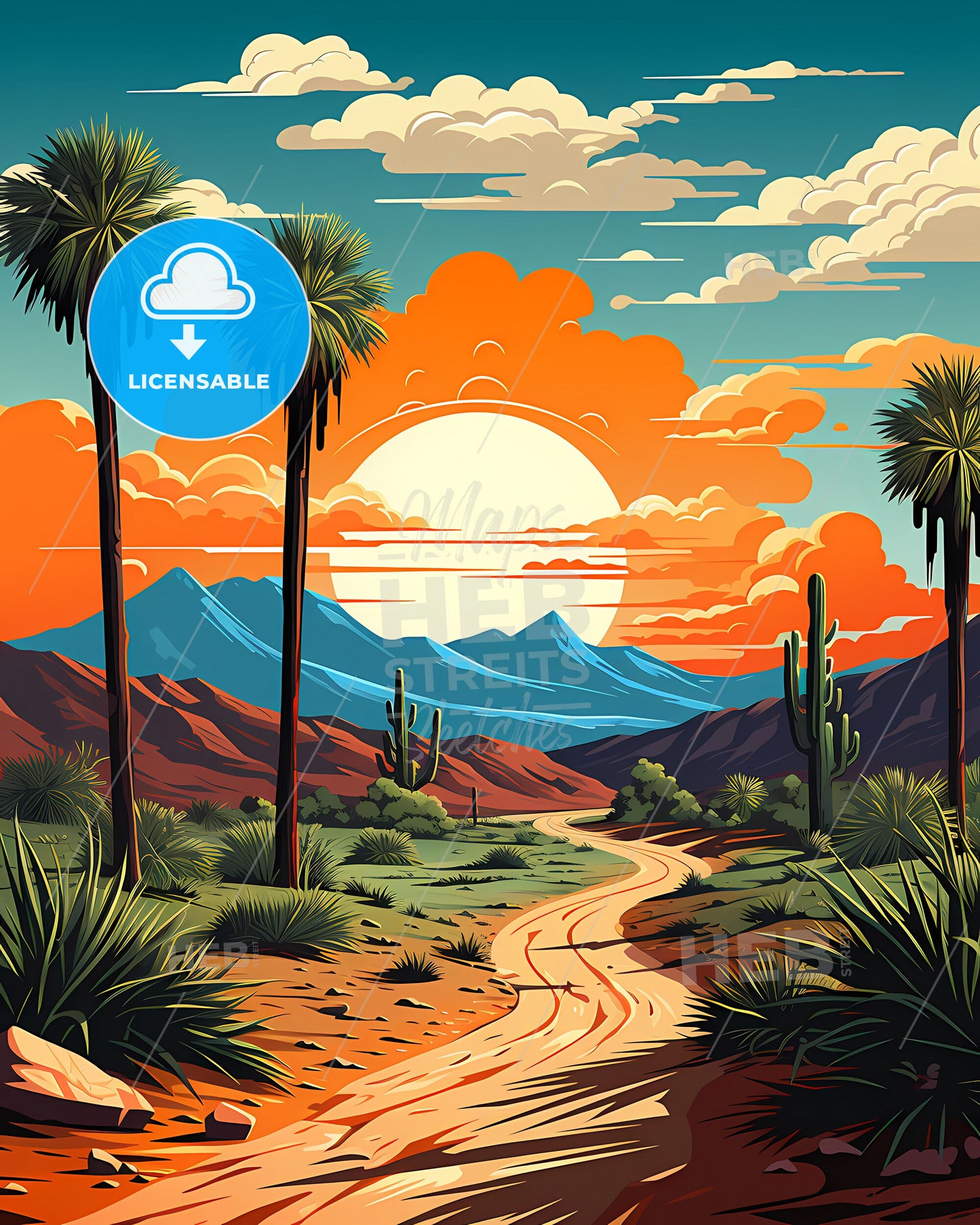 Vista, California, a desert landscape with palm trees and mountains