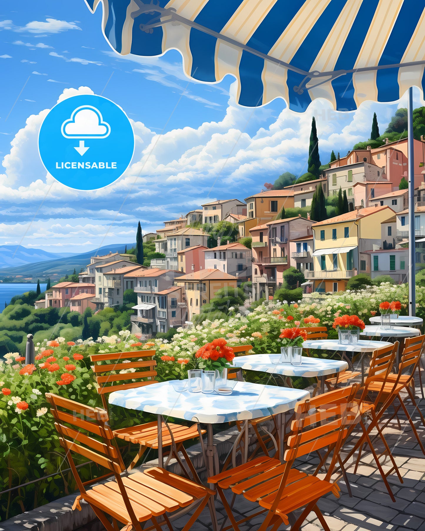 Gallarate, Italy, a table and chairs on a terrace overlooking a town