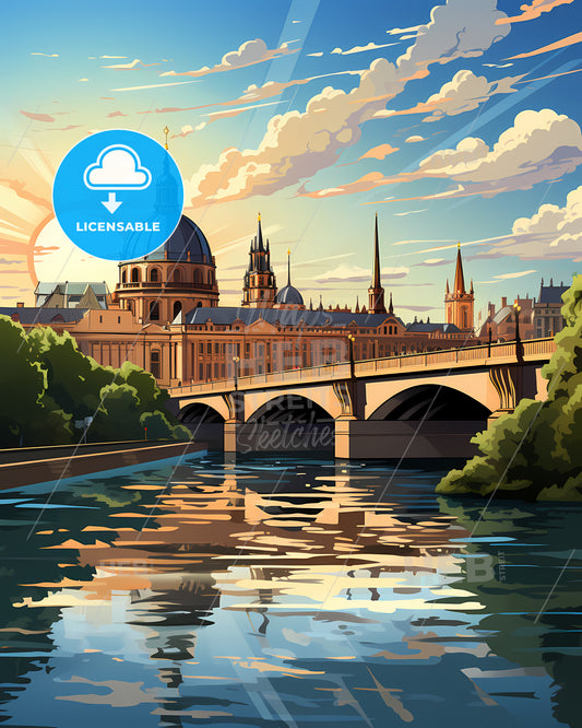 Lucerne, Switzerland, a bridge over a river with a large building and trees