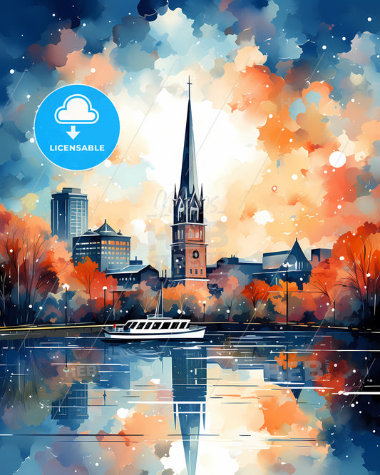 Delft, Netherlands, a painting of a church and a city