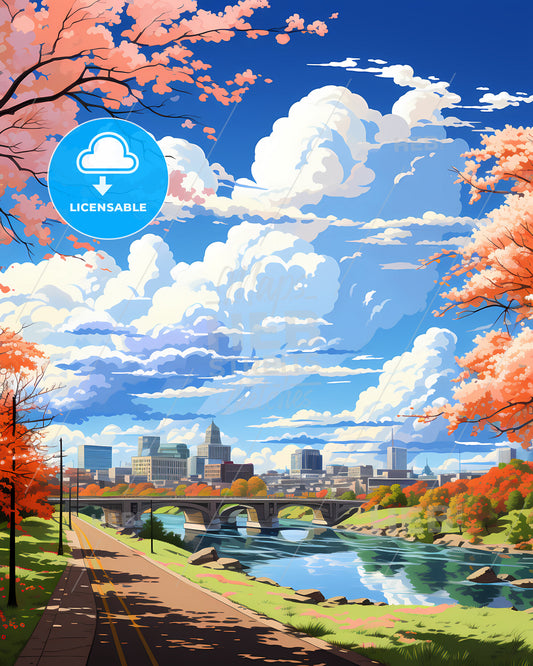 Evansville, Indiana, a river with a bridge and trees with orange leaves