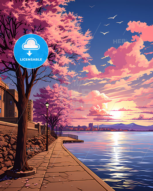 Evansville, Indiana, a pink tree next to a body of water