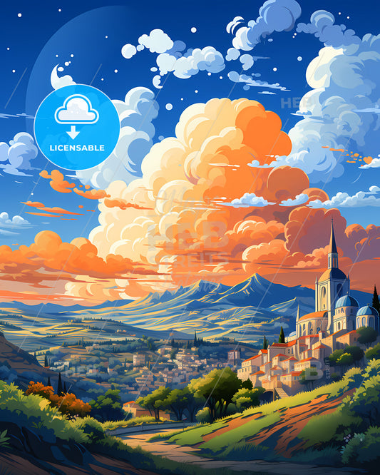 Leiria, Portugal, a landscape with a building and mountains