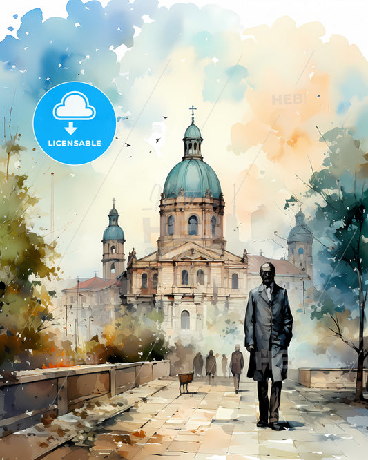 Busto Arsizio, Italy, a man walking on a walkway with a building in the background