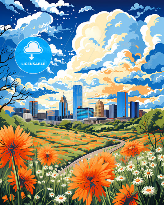 Flower Mound, Texas, a colorful landscape with flowers and a city in the background