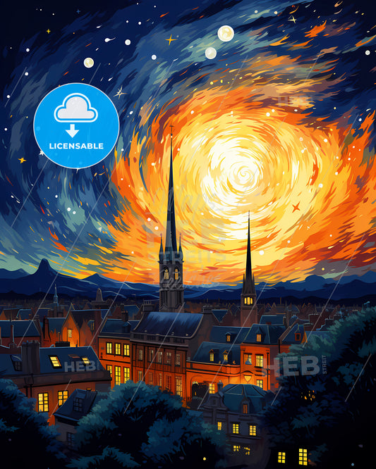 Oxford, South East England, a painting of a city with a spiral of stars and a building