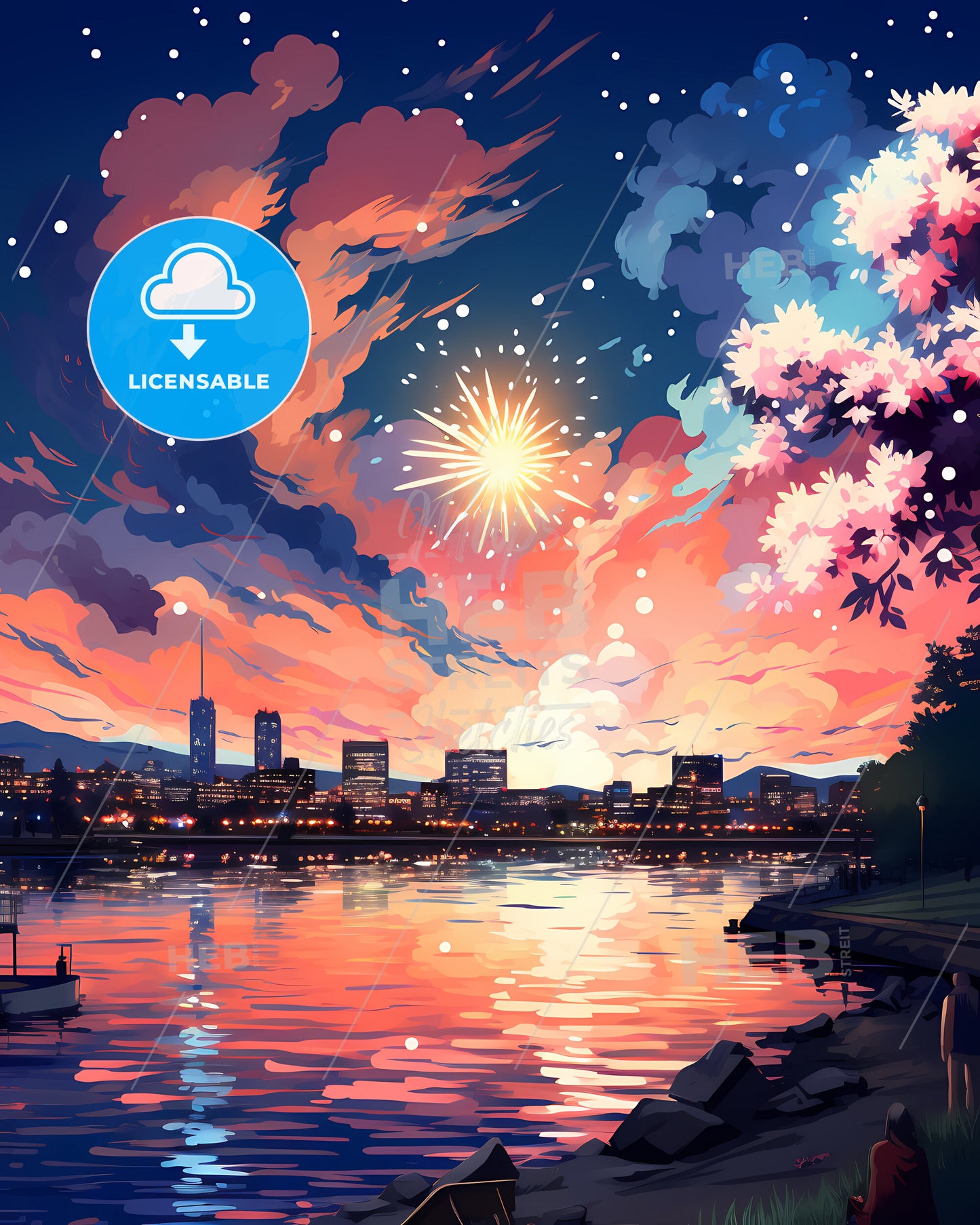 Portland, Maine, a fireworks over a city