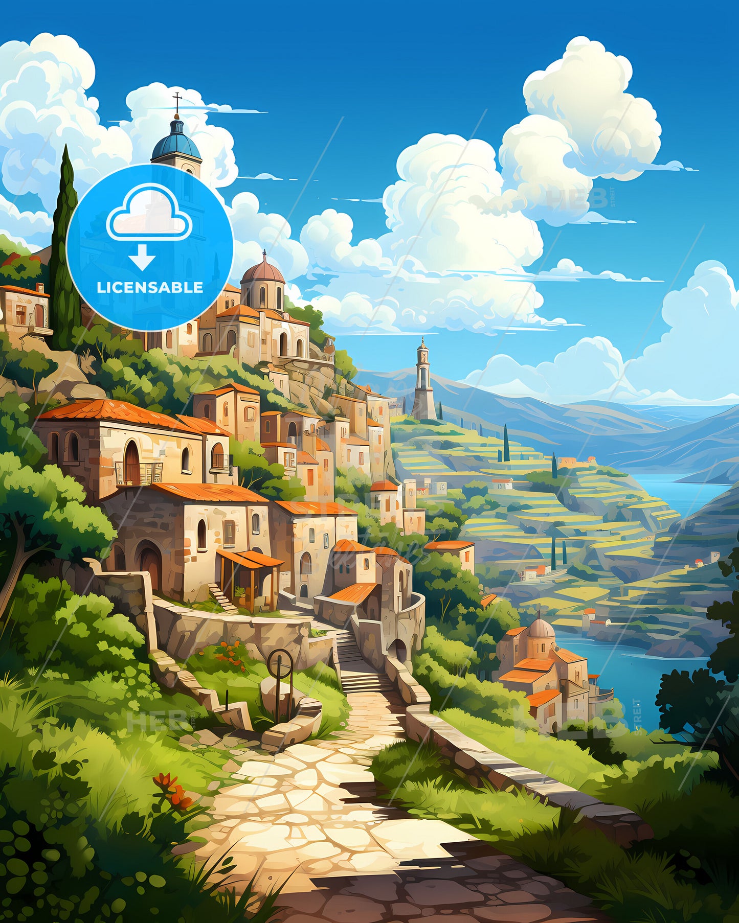 Ragusa, Italy, a painting of a village on a hill