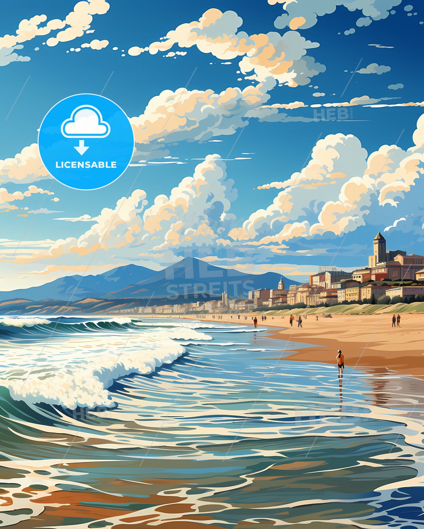 Viareggio, Italy, a beach with buildings and waves