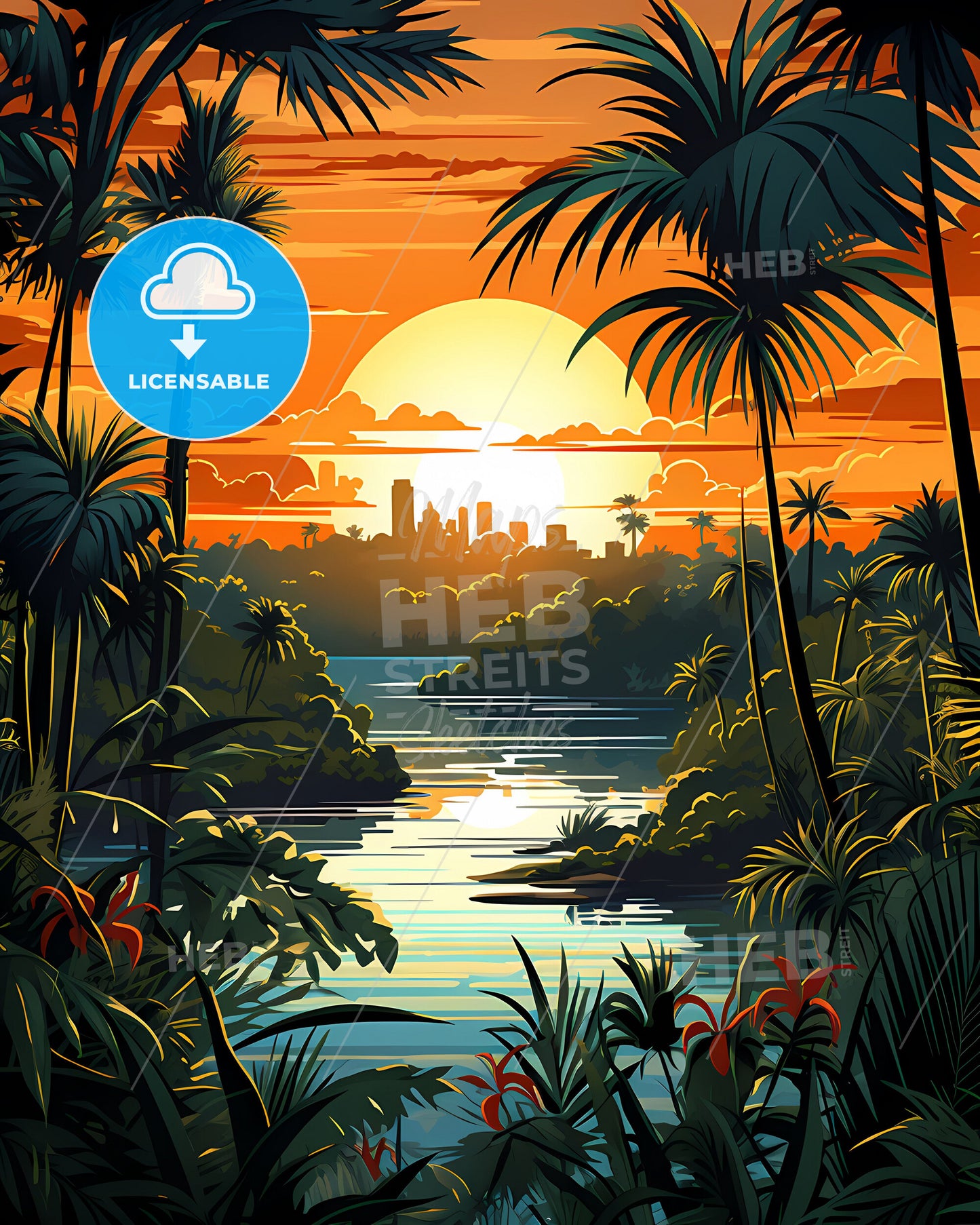 West Palm Beach, Florida, a sunset over a river with trees and plants