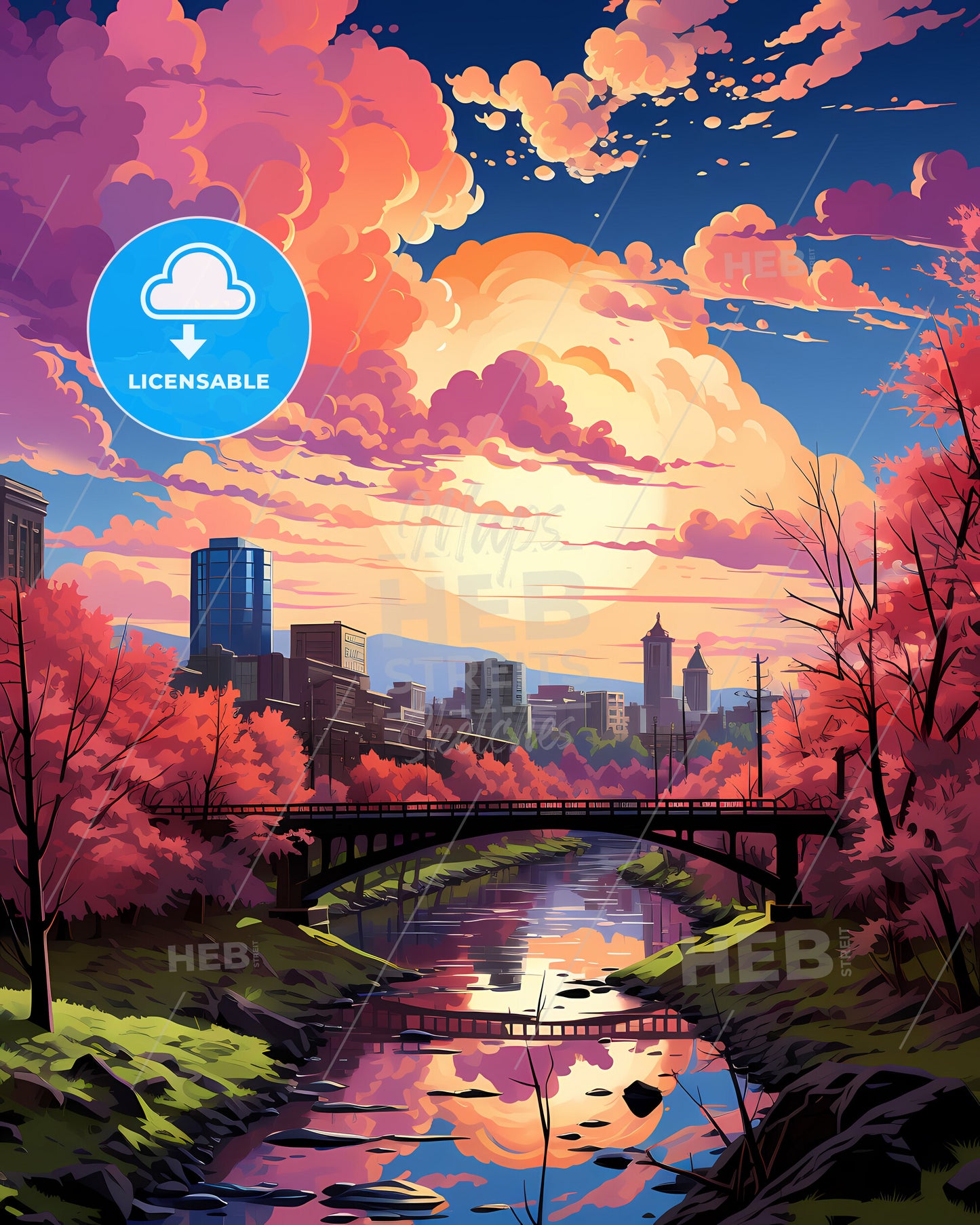 Gainesville, Florida, a bridge over a river with pink trees and a city in the background