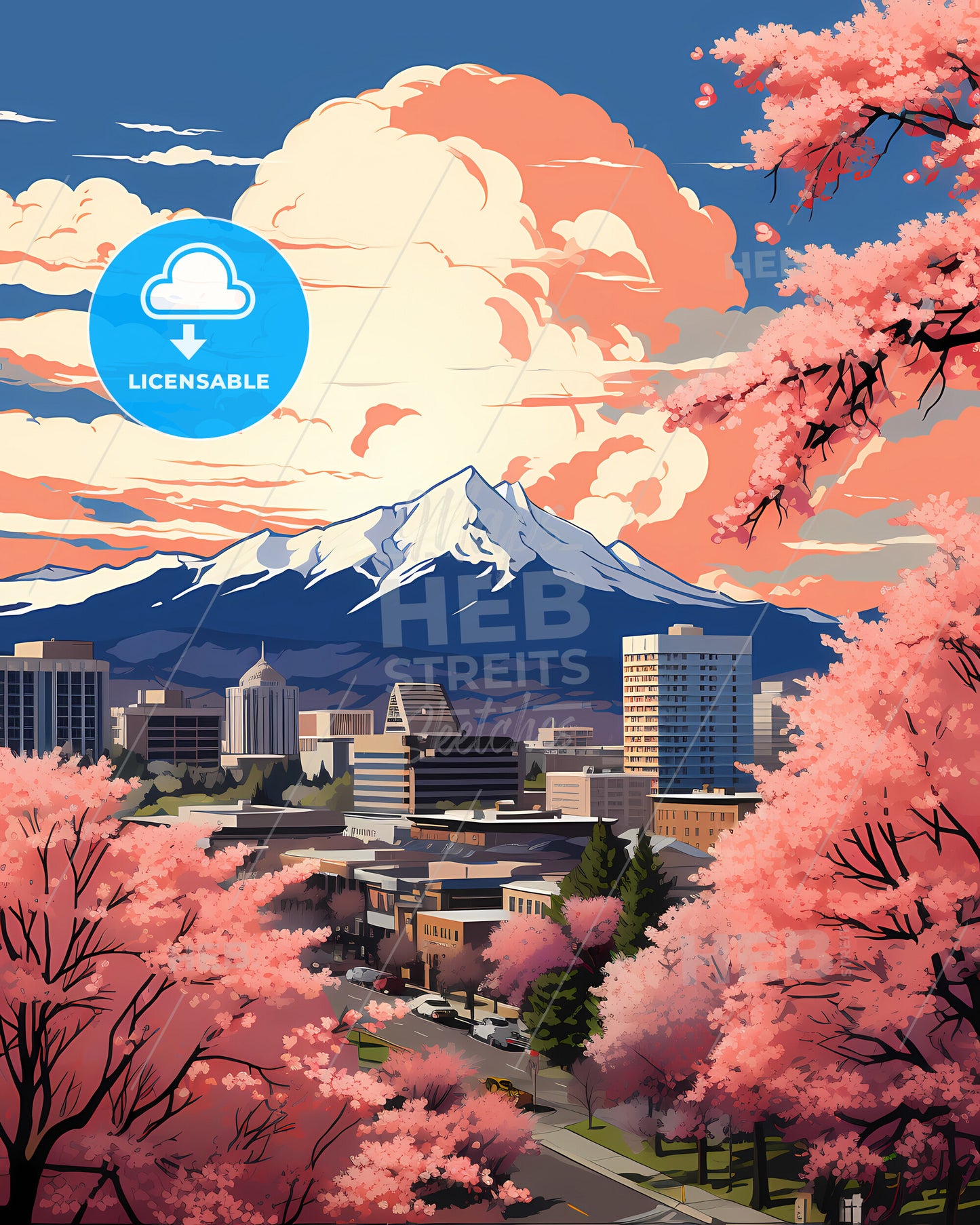 Boulder, Colorado, a city with pink trees and mountains in the background