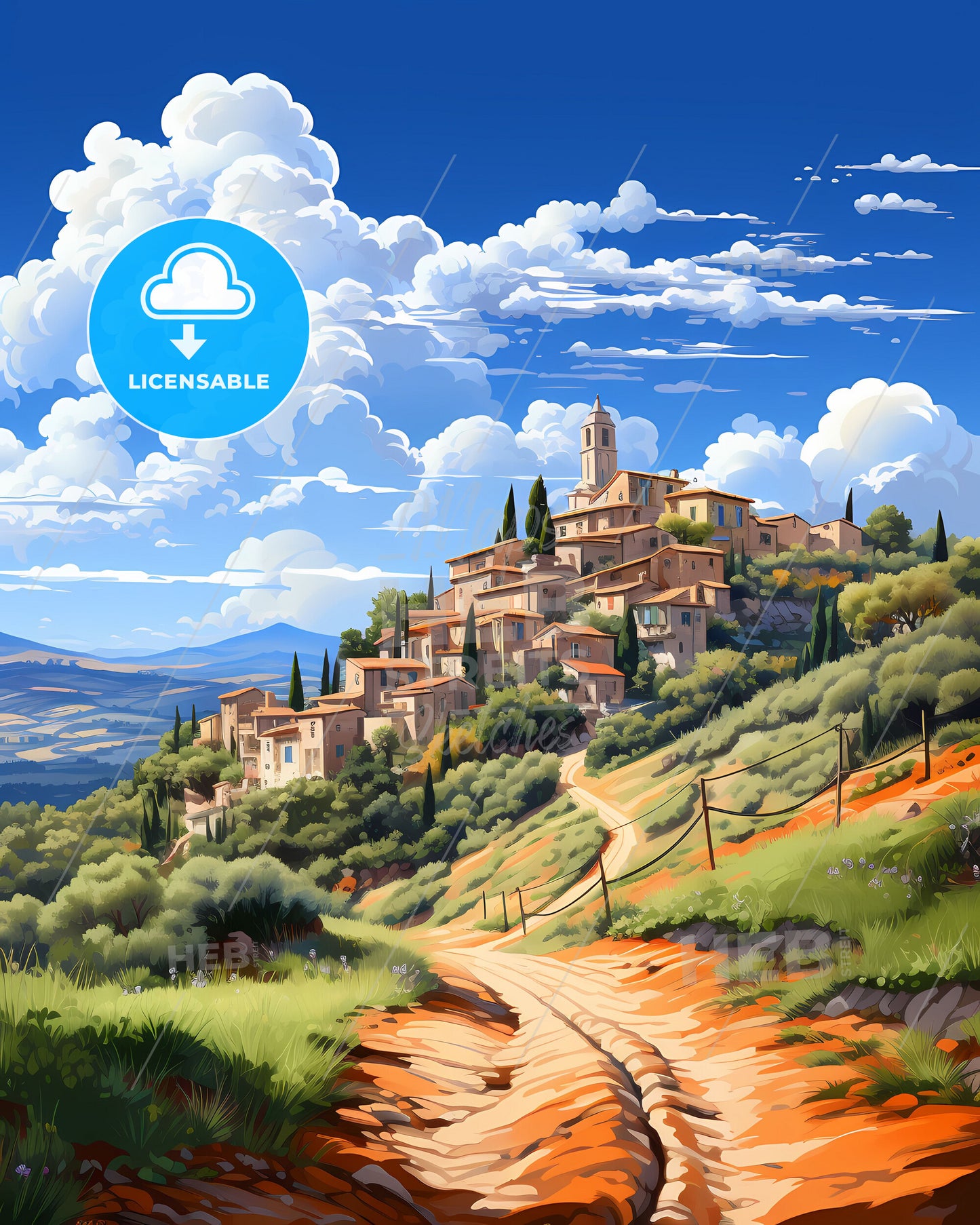 Velletri, Italy, a painting of a village on a hill