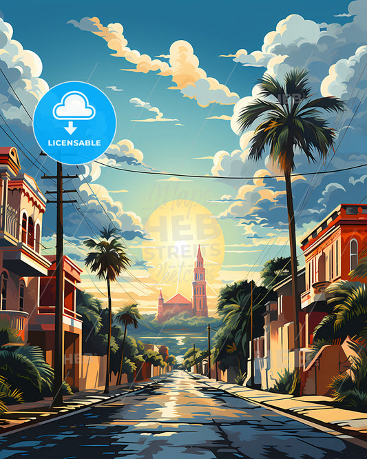 Homestead, Florida, a street with palm trees and buildings on the side