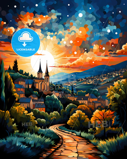 Esch-Sur-Alzette, Luxembourg, a painting of a town with trees and a road