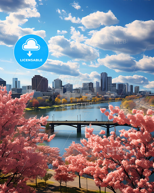 Little Rock, Arkansas, a bridge over a river with pink flowers