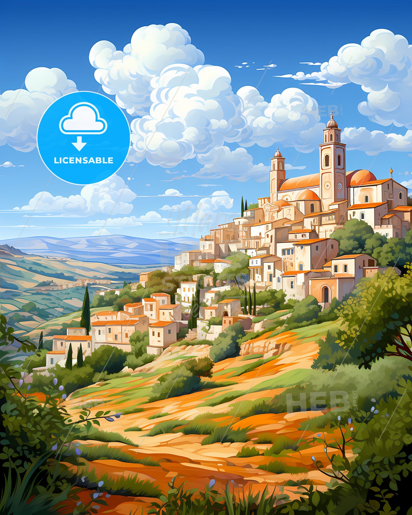 Cerignola, Italy, a painting of a town on a hill