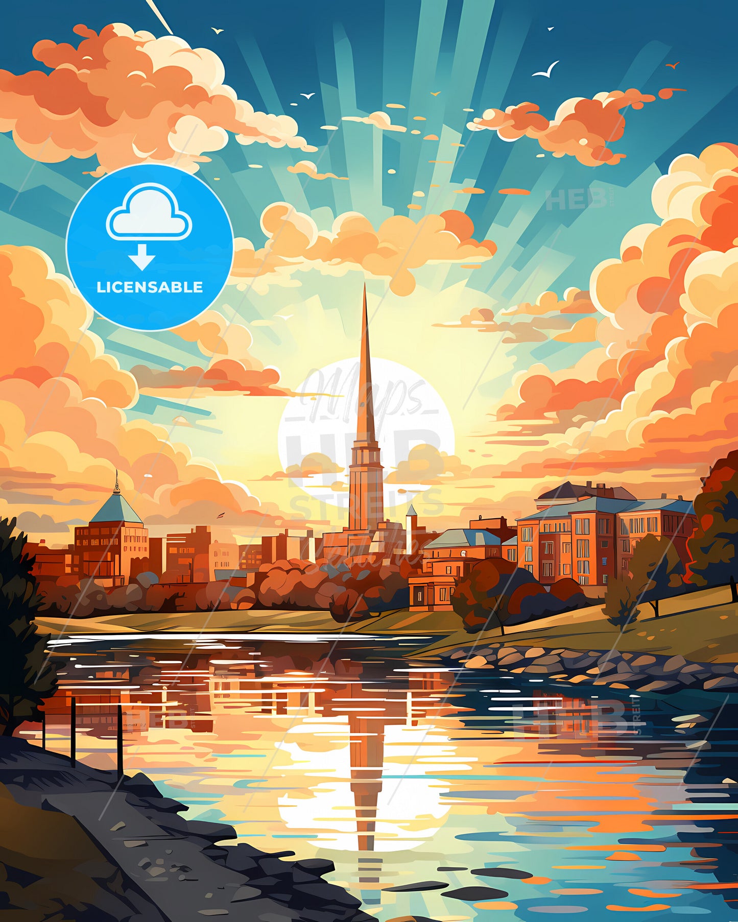 Cambridge, Massachusetts, a city with a tall spire and a river