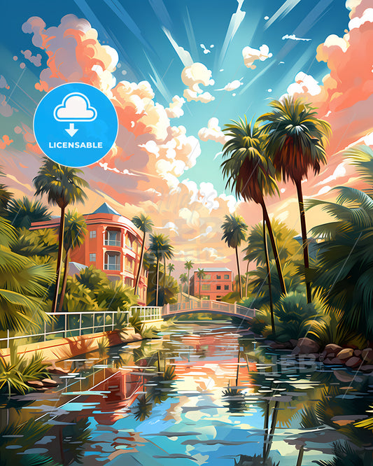 Largo, Florida, a river with palm trees and buildings