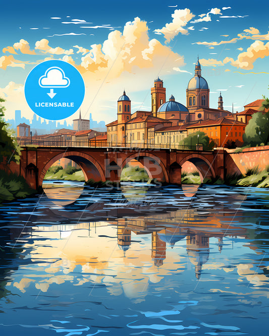 Pavia, Italy, a bridge over a river with a city in the background