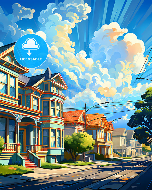 Petaluma, California, a row of houses on a street