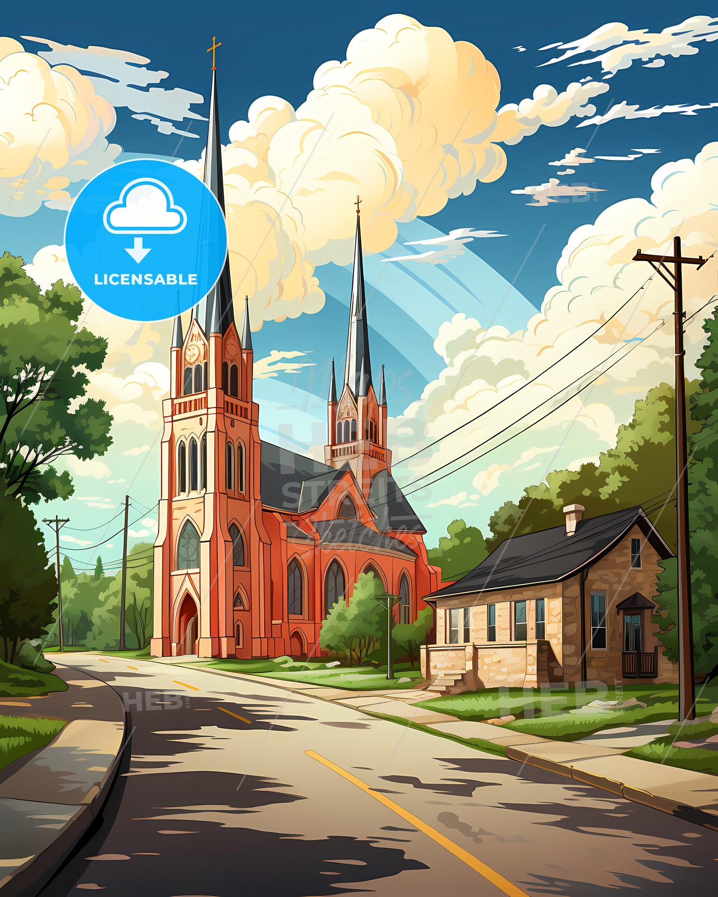 Parma, Ohio, a church with a road and trees