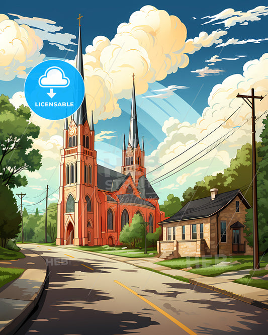 Parma, Ohio, a church with a road and trees