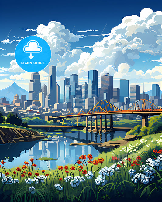 South San Francisco, California, a bridge over a river with flowers and a city in the background