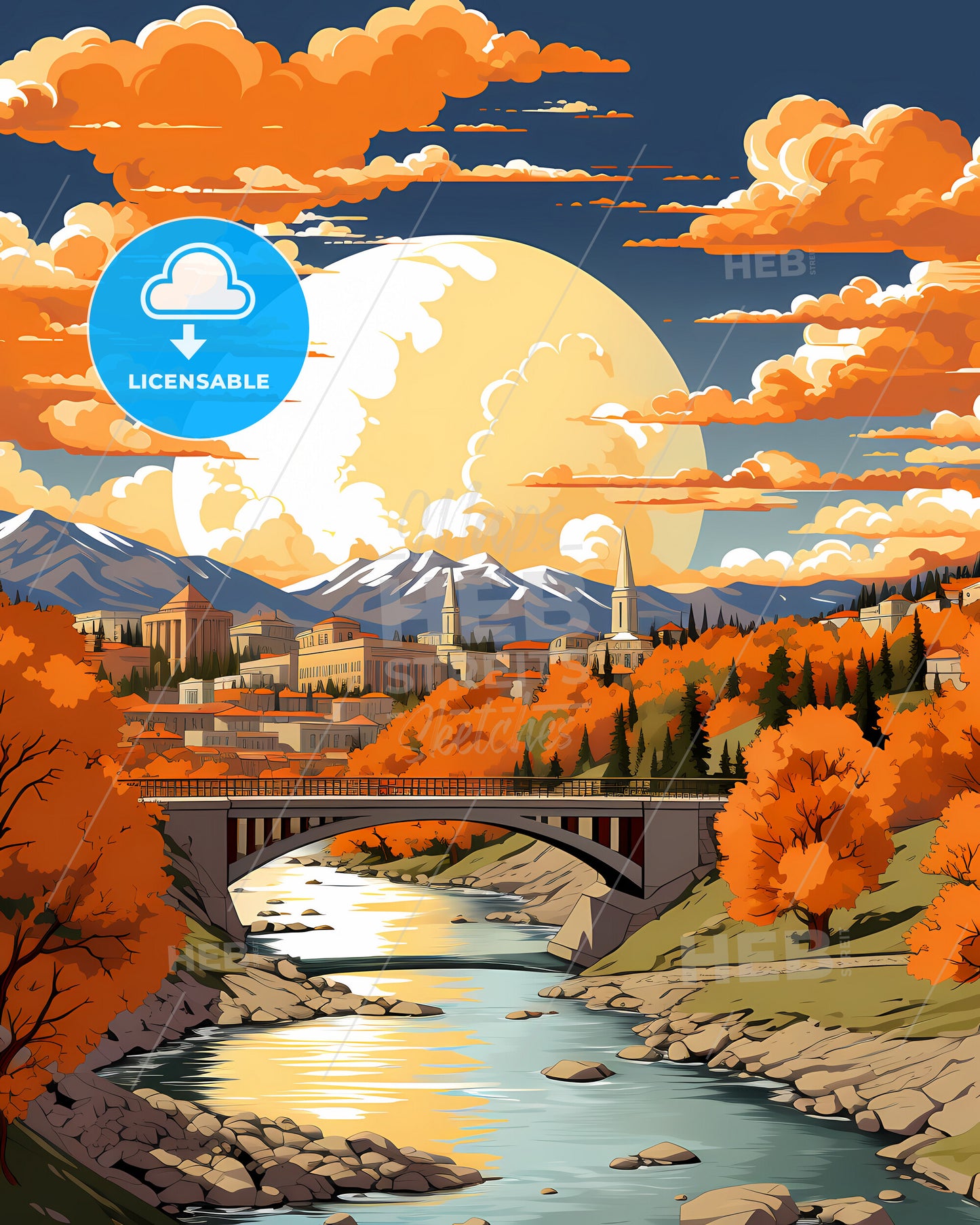 Puente De Vallecas, Spain, a bridge over a river with orange trees and mountains in the background