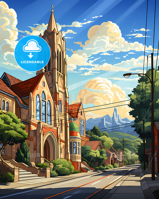 Berkeley, California, a church with a steeple and trees on the side of the road