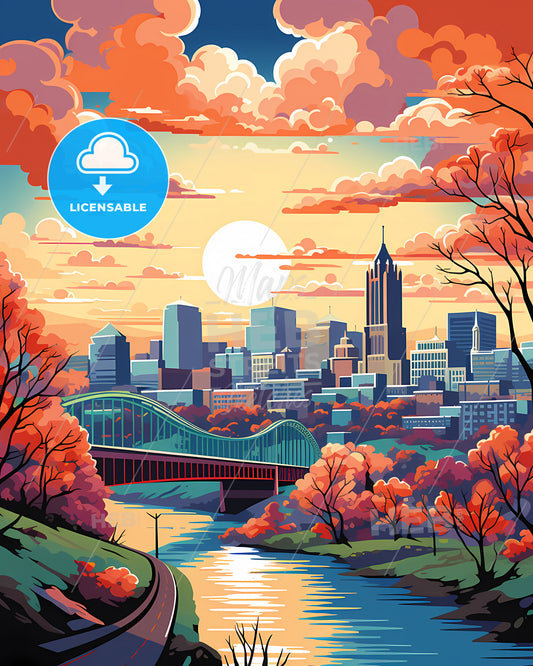 Stamford, Connecticut, a colorful landscape of a city with a bridge and trees