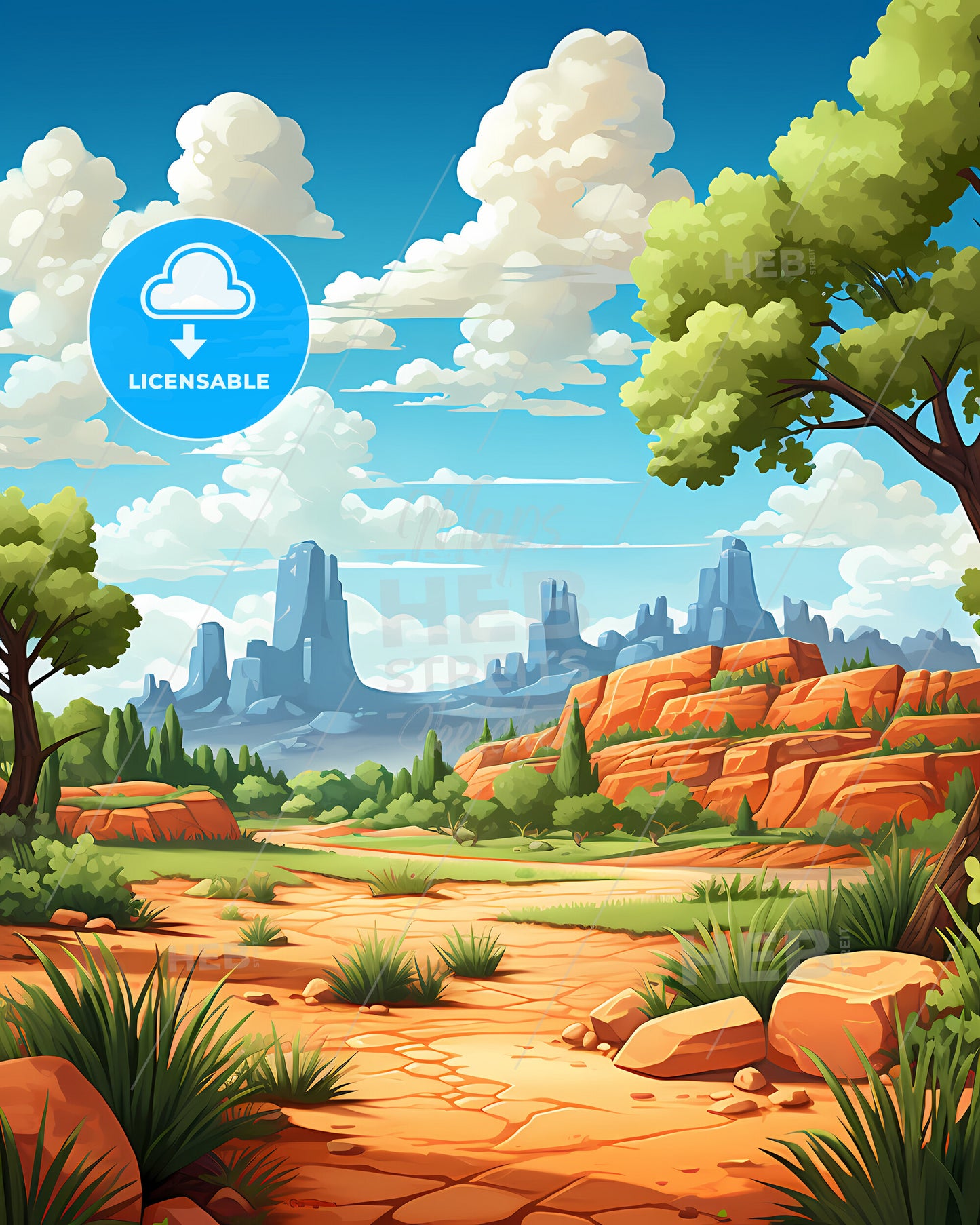 Rio Rancho, New Mexico, a cartoon landscape with trees and rocks