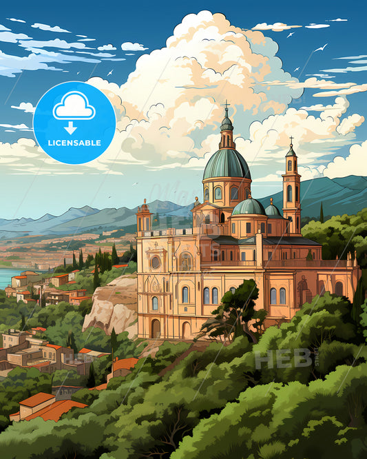 Messina, Italy, a building with a dome on top and trees in front of a lake